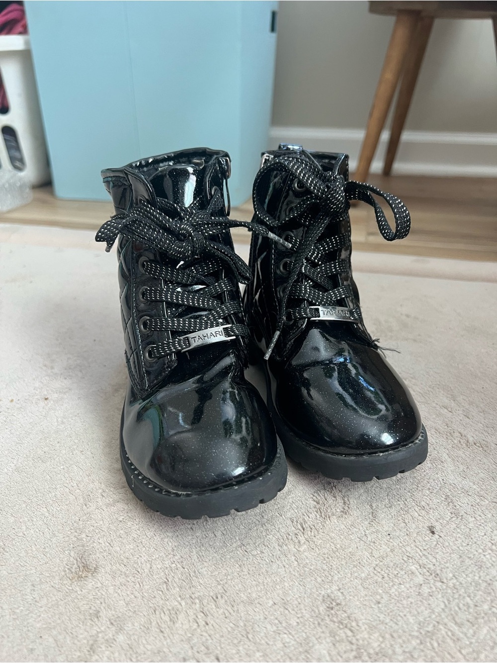 Tahari Black Patent Lace-Up Combat Boots with Branded Lace Tag